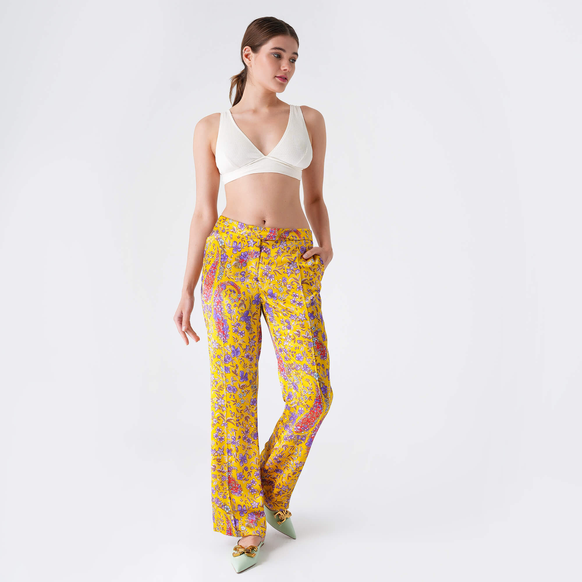 Etro - Yellow&Lilac Floral Print Viscose Flare High Waist Pants